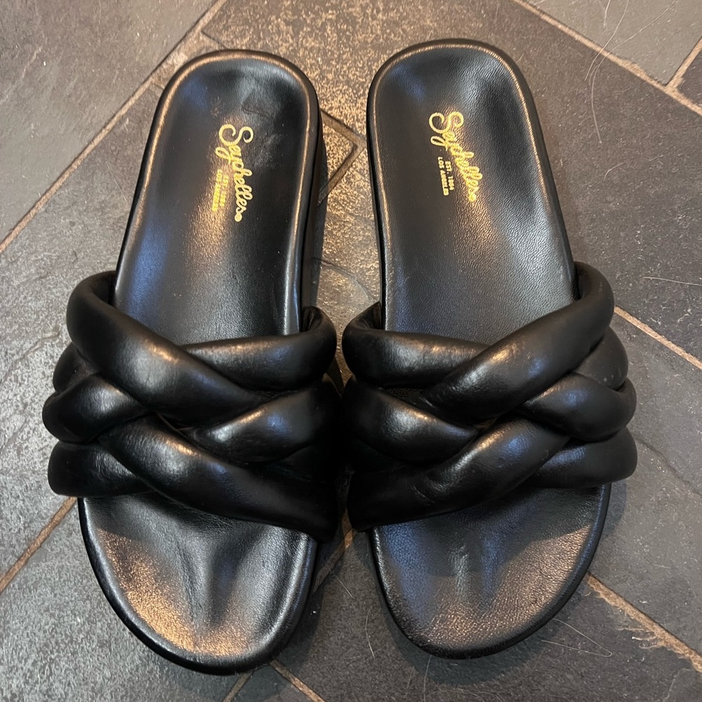 NWOT Seychelles Low Key Glow Up Sandals black leather slide braided crossover - Picture 2 of 7